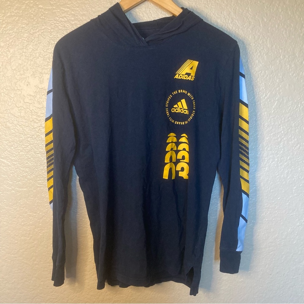 Adidas Blue Long Sleeve Hoodie Tee with Yellow Logo Kids Size 14/16